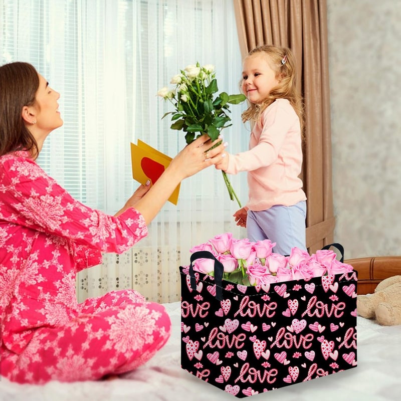 FXOCSHE Rectangular Black heart,Valentines Basket,baby Gift Basket Empty,Pink Gift baskets with Handle Organizer,Hearts Print easter Baskets,Girl Room Decor(Sweet love) - Image 3